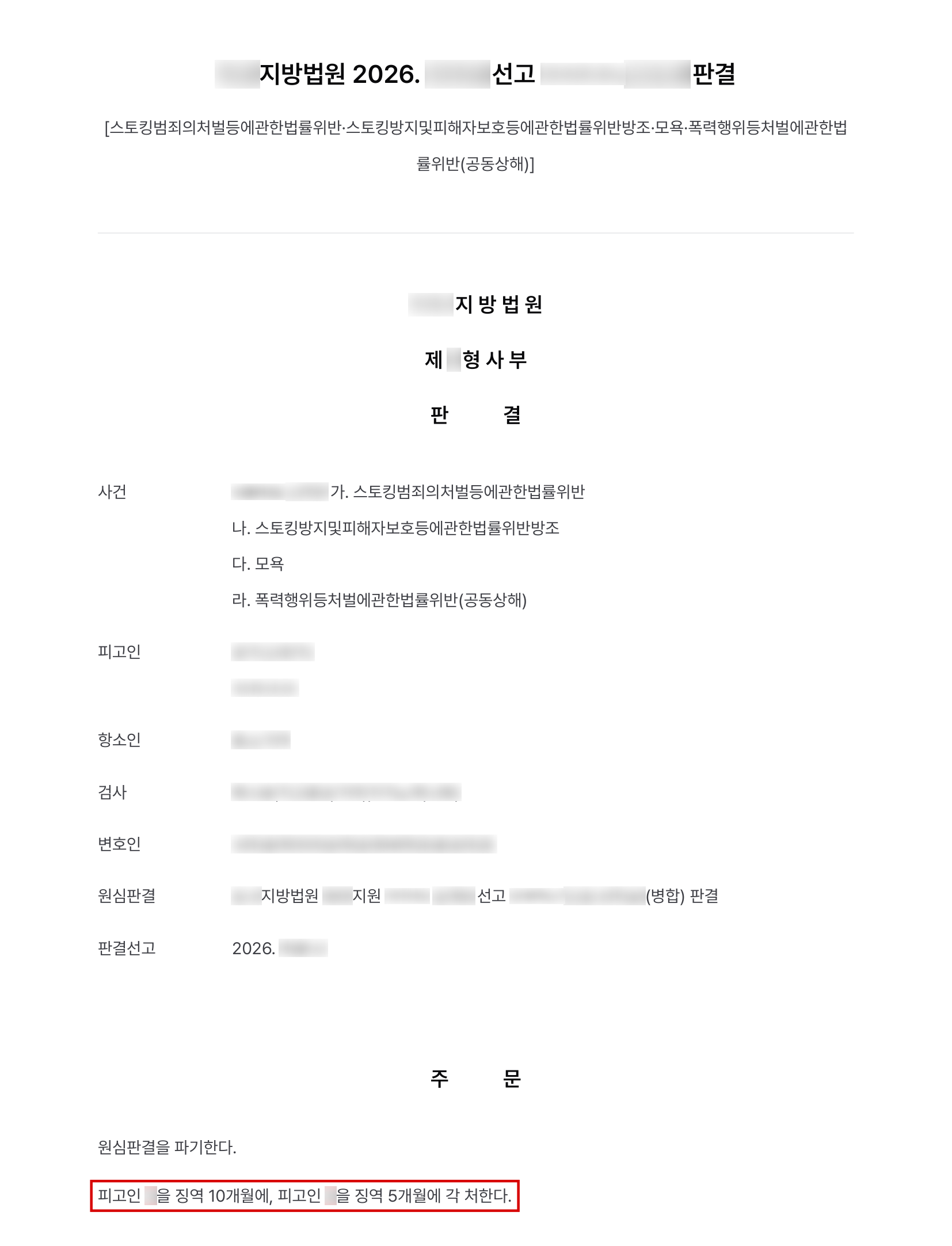 고소대리, 영업장 앞까지 찾아와 지켜보고 가족까지 폭행한 스토킹 가해자 2명, 항소심에서도 전원 실형 결과 문서(개인정보 가림)