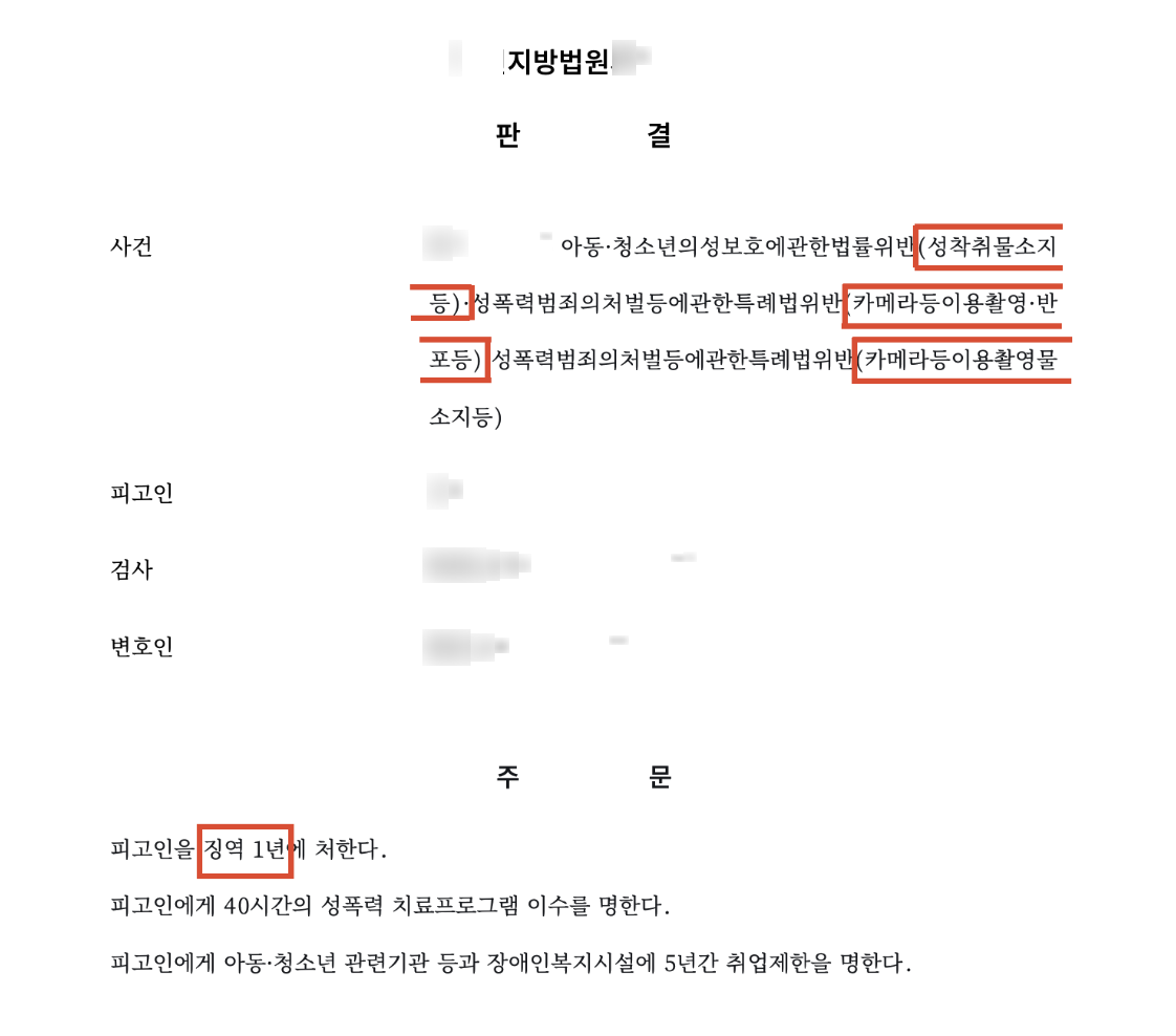 고소대리, 지하철 불법촬영과 아동 성착취물 소지 사건 중 '징역 1년 실형'이 선고된 사례 결과 문서(개인정보 가림)