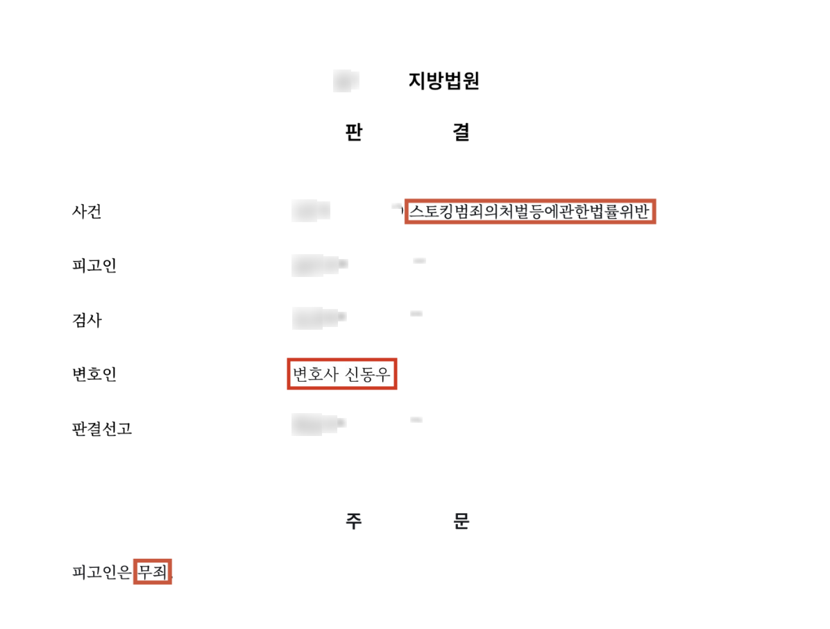법원 앞에서의 짧은 마주침… 스토킹처벌법 위반, ‘무죄’ 결과 문서(개인정보 가림)